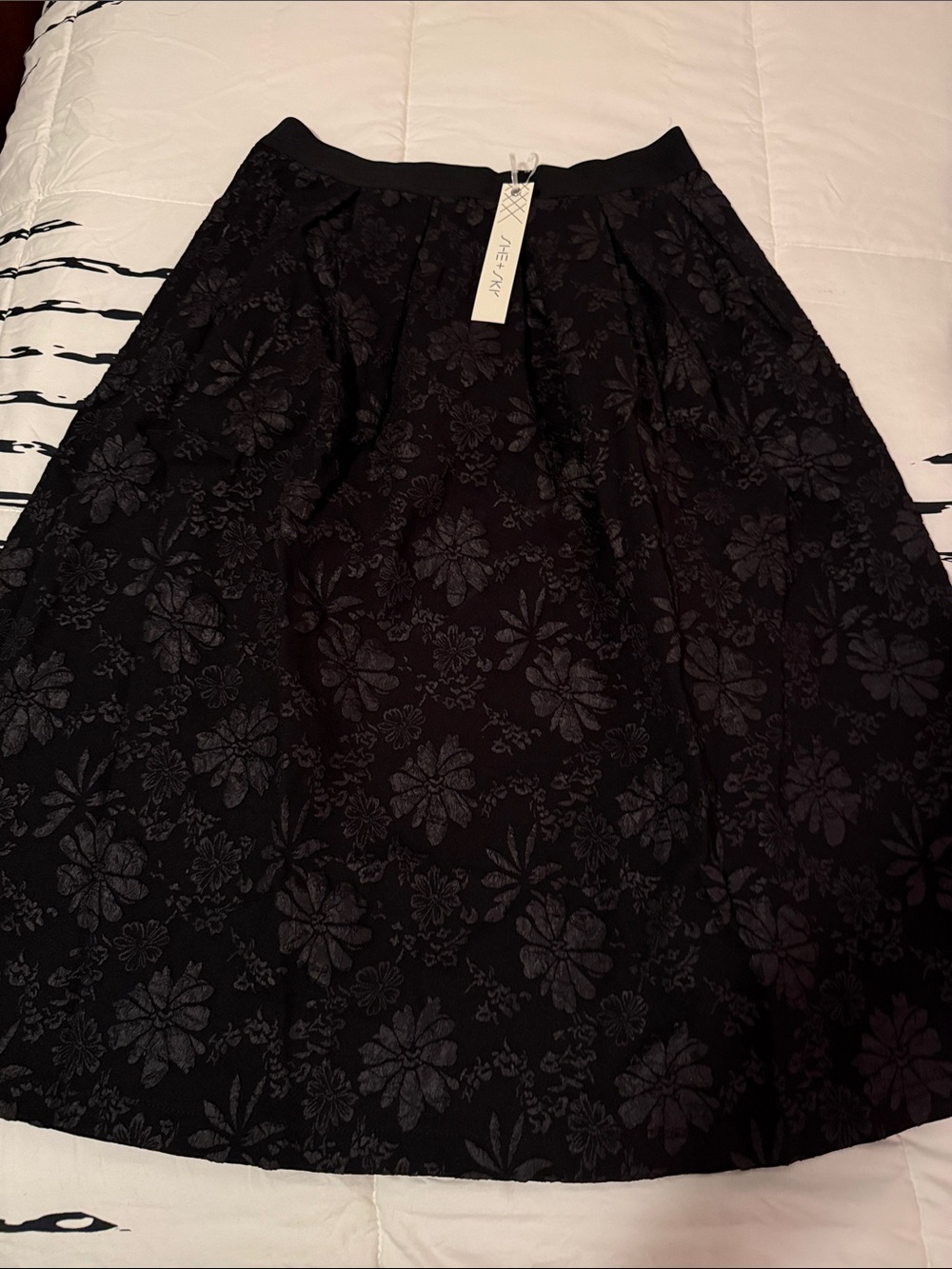 She and Sky Black Floral Textured A-Line Skirt